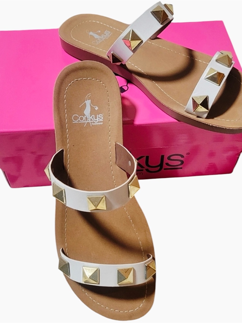 Corkys Double-Strap “White DAIQUIRI” Sandals with Gold Studs; Size 7; BRAND NEW